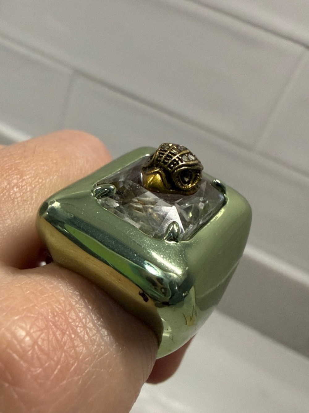 Kurt Geiger Green Metallic Statement Ring with Clear Gem and Gold Accent - Picture 6 of 6